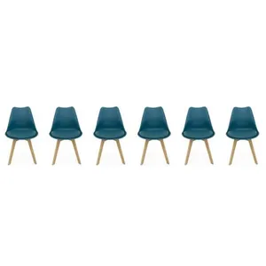 SWEEEK Lot de 6 chaises scandinaves. pieds bois de hêtre. chaises 1 place. bleu canard pas cher