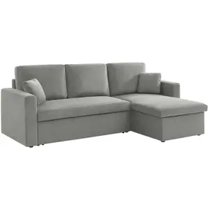 SWEEEK Canapé d'angle convertible en velours côtelé gris clair - IDA - 3 places. fauteuil d'angle réversible coffre rangement lit modulable pas cher