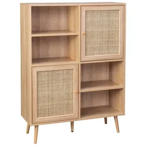 SWEEEK Buffet de rangement cannage et effet bois 4 portes et 2 étagères style bohème pas cher