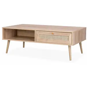 SWEEEK Table basse en cannage 110 x 59 x 39 cm - Bohème - Naturel. 1 tiroir. 1 espace de rangement. pieds scandinaves pas cher