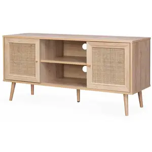 Sweeek Meuble Tv En Cannage 120x39x56.5cm - Bohème - Naturel. 2 Niveaux. 2 Étagères. 2 Portes. Pieds pas cher