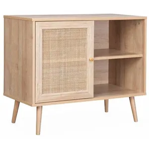 SWEEEK Meuble de rangement en cannage 2 niveaux 1 porte pieds scandinaves pas cher