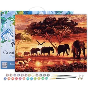 Peinture par numéro Figured'Art Éléphants au coucher du soleil 40x50 c...