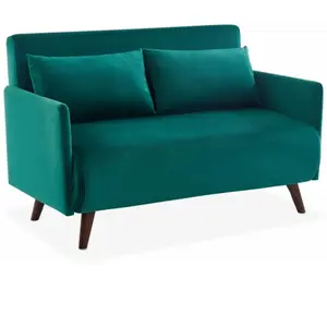 SWEEEK Canapé convertible en velours - Panam - 2 places scandinave. pieds bois foncé. vert. banquette. dossier inclinable pas cher