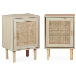 SWEEEK Lot de 2 tables de chevet en cannage et décor bois - Camargue - 40x30x58cm. 2 niveaux. 1 porte. pieds droits pas cher