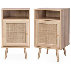 SWEEEK Lot de 2 tables de chevet en cannage - Bohème - 40x39x65.8cm Naturel - 2 niveaux - 1 portes - 1 espace de rangement - pieds pas cher