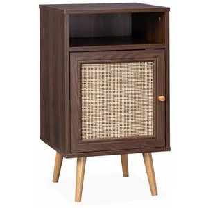 SWEEEK Table de chevet en cannage - Bohème - 40x39x65.8cm. couleur noyer - 2 niveaux - 1 porte - 1 espace de rangement - pieds scandinaves pas cher