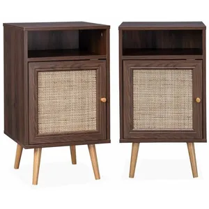 SWEEEK Lot de 2 tables de chevet en cannage - Bohème - 40x39x65.8cm couleur bois foncé - 2 niveaux - 1 portes - 1 espace de rangement - pas cher