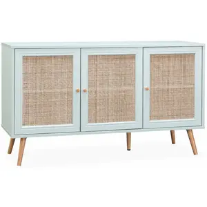 SWEEEK Buffet de rangement en cannage vert céladon 120x39x70cm - Bohème - 2 niveaux. 3 portes. pieds scandinaves pas cher