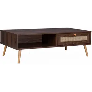 SWEEEK Table basse en cannage 110x59x39cm - Bohème - couleur bois foncé. 1 tiroir. 1 espace de rangement. pieds scandinaves pas cher