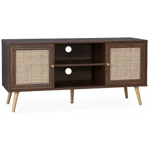 SWEEEK Meuble TV en cannage 120x39x56.5cm - Bohème - couleur bois foncé. 2 niveaux. 2 étagères. 2 portes. pieds scandinaves pas cher