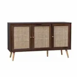 SWEEEK Buffet de rangement en cannage bois foncé 120x39x70cm - Bohème - 2 niveaux. 3 portes. pieds scandinaves pas cher