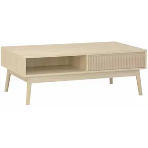 SWEEEK Table basse couleur naturelle. Linear. décor bois rainuré. pieds compas. 2 niches. 1 tiroir. L 110 x l 59 x H 39cm pas cher