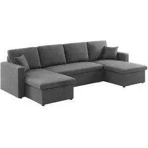 SWEEEK Canapé panoramique convertible en tissu gris foncé. 4 places. coffre rangement. lit modulable pas cher