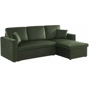 SWEEEK Canapé d'angle convertible en velours vert anglais 3 places. fauteuil d'angle réversible coffre rangement lit modulable pas cher