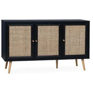 SWEEEK Buffet de rangement en cannage. noir 120x39x70cm - Bohème - 2 niveaux. 3 portes. pieds scandinaves pas cher