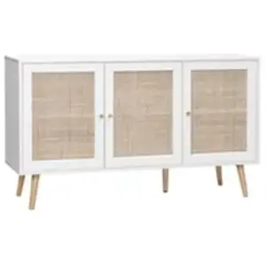SWEEEK Buffet de rangement en cannage. blanc 120x39x70cm - Bohème - 2 niveaux. 3 portes. pieds scandinaves pas cher
