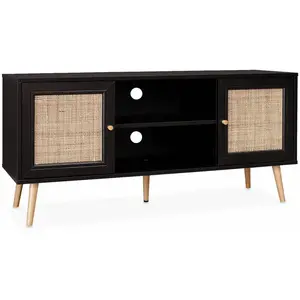 Sweeek Meuble Tv En Cannage 120x39x56.5cm - Bohème - Noir. 2 Niveaux. 2 Étagères. 2 Portes. Pieds pas cher