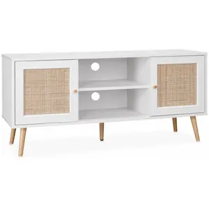 Sweeek Meuble Tv En Cannage 120x39x56.5cm - Bohème - Blanc 2 Niveaux 2 Étagères 2 Portes Pieds pas cher