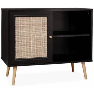 SWEEEK Meuble de rangement en cannage 80x39x65.8cm Bohème - Noir - 2 niveaux - 1 porte - pieds scandinaves pas cher