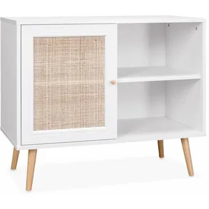SWEEEK Meuble de rangement en cannage 80x39x65.8cm Bohème - Blanc - 2 niveaux - 1 porte - pieds scandinaves pas cher