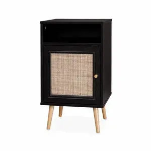 SWEEEK Table de chevet noire en cannage - Bohème - 40x39x65.8cm. noir - 2 niveaux - 1 porte - 1 espace de rangement - pieds scandinaves pas cher