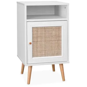 SWEEEK Table de chevet décor bois blanc en cannage - Bohème - 40x39x65.8cm. blanc - 2 niveaux - 1 porte - 1 espace de rangement - pieds pas cher