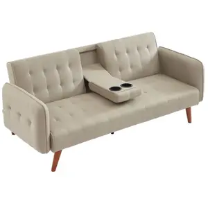 CONCEPT USINE INVERNESS - Canapé 3 places convertible avec tablette centrale rabattable beige pas cher