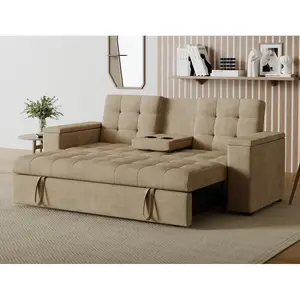 CONCEPT USINE NOHO - Canapé 3 places convertible avec tablette centrale et accoudoirs amovibles beige velours côtelé pas cher