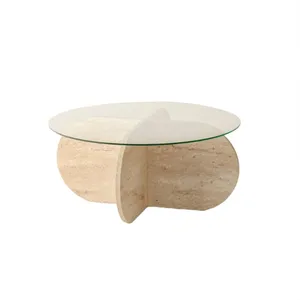 Concept-Usine RIBE - Table basse en bois effet pierre et plateau en verre pas cher