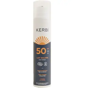 KERBI Lait solaire bio - SPF 50 - 100 gr - Protection minérale - Texture fluide - Parfum monoï pas cher