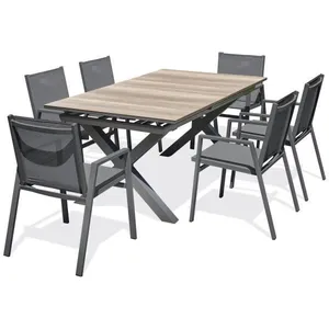 DCB GARDEN Ensemble repas de jardin 6 places en aluminium gris anthracite et plateau HPL imitation bois pas cher