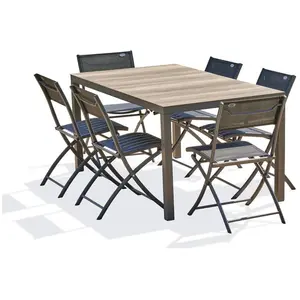 DCB GARDEN Ensemble repas de jardin 6 places en aluminium gris anthracite et plateau en polywood imitation bois pas cher