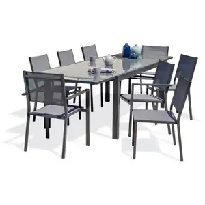 DCB GARDEN Table de jardin TOLEDE-TB300-NOIR avec rallonge, de 6 chaises TOLEDE-CH et 2 fauteuils TOLEDE-FT empilables pas cher