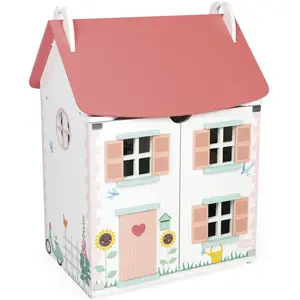 Janod Maison de poupées en bois corail 3 étages J06467 - 41×30×54 cm 11 accessoires pas cher