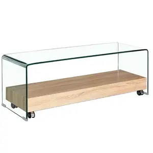 MEUBLETMOI Meuble TV verre trempé et plateau décor chêne sur roulettes - ICE Meub... pas cher