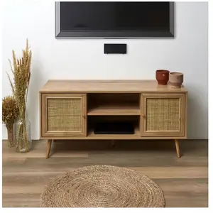 MES Meuble TV 2 portes 115x39x565 cm en bois et cannage naturel - HURY pas cher