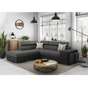 LOUNGITUDE Canapé d'angle fixe SOAN convertible en simili et tissu - Gris / Noir - Angle Gauche pas cher