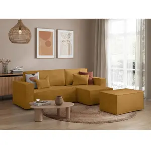 LOUNGITUDE PACK - CLARISSE - Canapé d'angle convertible réversible avec pouf en velours côtelé - Jaune pas cher