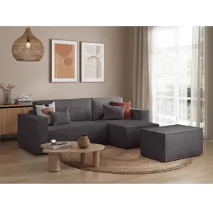 LOUNGITUDE PACK - CLARISSE - Canapé d'angle convertible réversible avec pouf en velours côtelé - Gris foncé