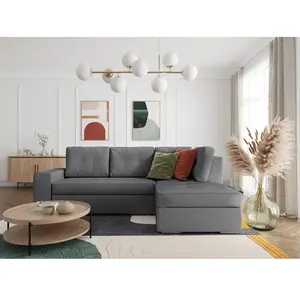 LOUNGITUDE ADEN - Canapé d'angle fixe convertible avec coffre en tissu - Gris - Angle Droit pas cher
