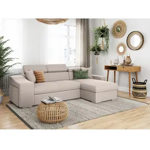 LOUNGITUDE Canapé d'Angle ELONA Convertible en Tissu - Beige - Angle Gauche pas cher