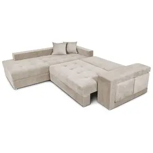 LOUNGITUDE Canapé d'angle TAMIA convertible avec coffre et 2 poufs en tissu - Beige, Angle Gauche pas cher