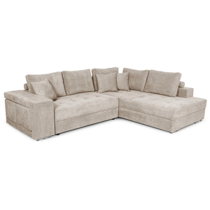 LOUNGITUDE Canapé d'angle TAMIA convertible avec coffre et 2 poufs en tissu - Beige, Angle Droit