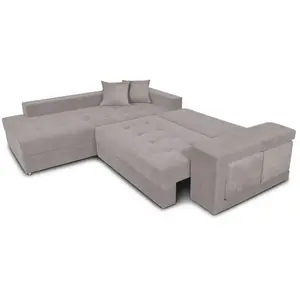 LOUNGITUDE Canapé d'angle TAMIA convertible avec coffre et 2 poufs en tissu - Gris clair, Angle Gauche