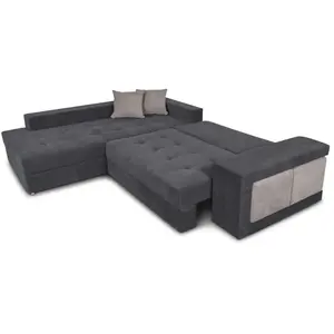 LOUNGITUDE Canapé d'angle TAMIA convertible avec coffre et 2 poufs en tissu - Gris/gris foncé, Angle Gauche