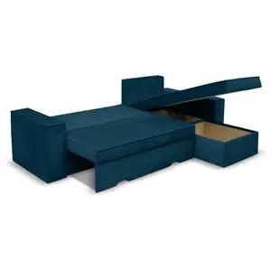 LOUNGITUDE Canapé d'angle CAELIA Réversible et Convertible avec coffre en velours côtelé - Bleu canard pas cher