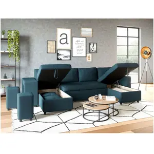 LOUNGITUDE Canapé d'angle panoramique OSLO convertible avec coffres et poufs à gauche en tissu - Bleu pétrole pas cher
