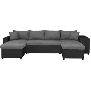 LOUNGITUDE Canapé d'angle panoramique OSLO convertible avec coffres et poufs en simili et microfibre - Gris / Noir, Position du rangement pas cher