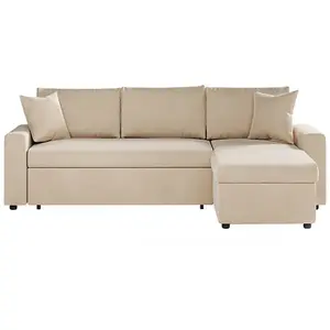 LOUNGITUDE Canapé d'angle MARIA réversible et convertible avec coffre en velours -  Beige pas cher